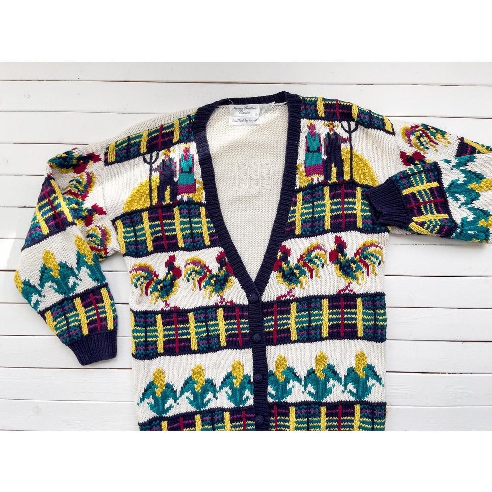 vtg Marisa Christina American Gothic rooster chicken farm cardigan sweater M